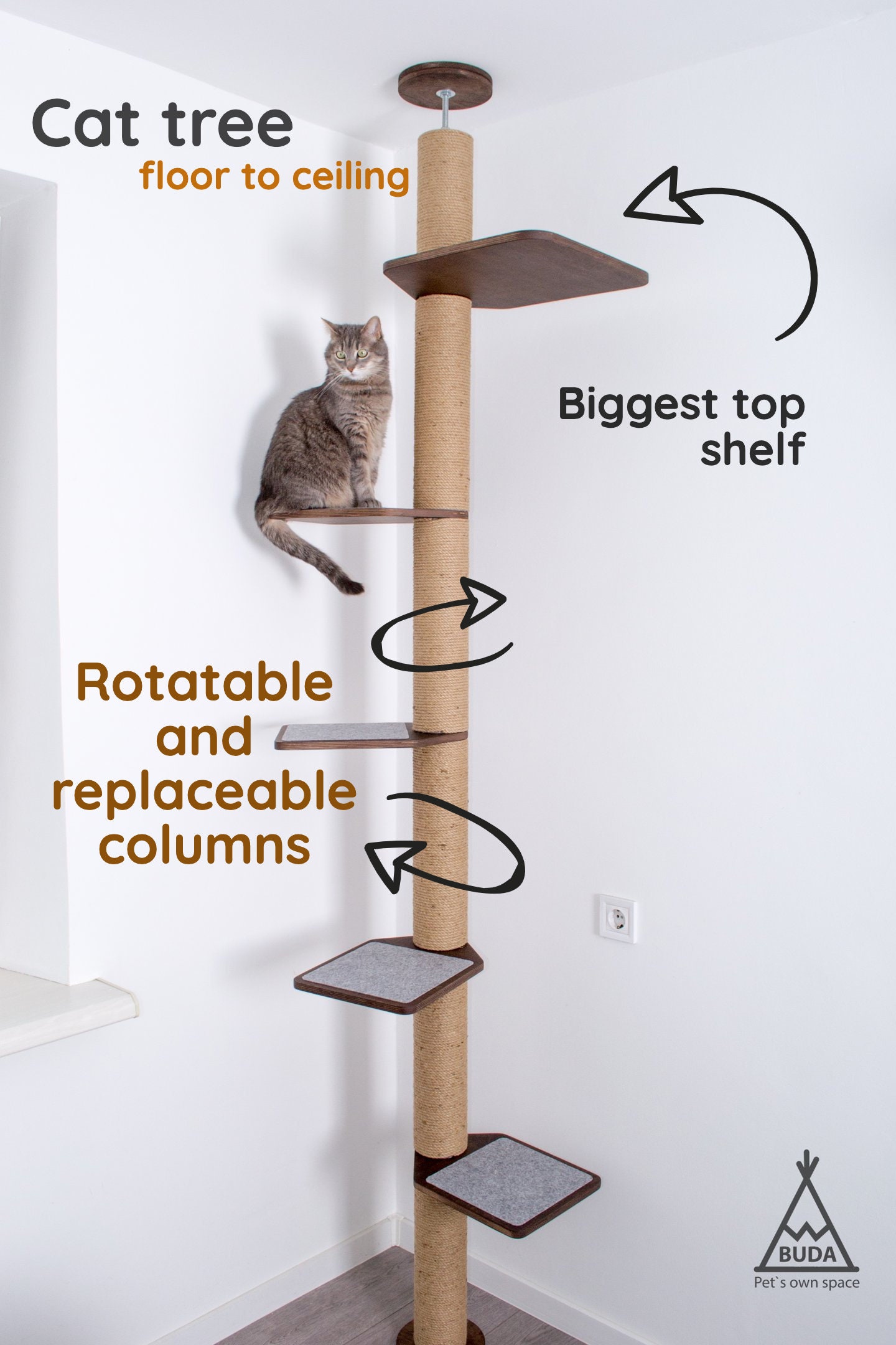 Height:92.9-100.8Inch&100.4-108.3Inch&107.5-116.1Inch 3 Options Available Floor-to-Ceiling Cat Tree Cat Climbing Tower with Natural Sisal Rope Scratching Post 