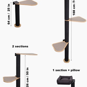 May include: A black cat tree with multiple platforms and a pillow. The cat tree is available in three different heights: 25 inches, 50 inches, and 74 inches. The cat tree is made of wood and sisal rope.