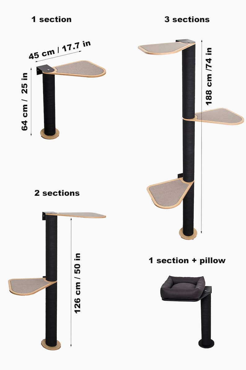 May include: A black cat tree with multiple platforms and a pillow. The cat tree is available in three different heights: 25 inches, 50 inches, and 74 inches. The cat tree is made of wood and sisal rope.