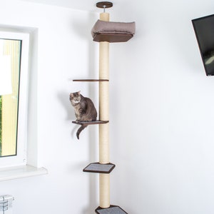 May include: A tall cat tree with multiple platforms and a cushioned top. The tree has a beige sisal-wrapped post with dark brown wooden platforms and accents. A gray tabby cat sits on one of the platforms. The tree is in a room with white walls.
