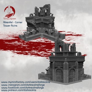 Arkenfel Wall Corner Tower Ruins Fantasy tabletop terrain, wargaming 10mm