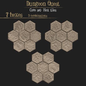 May include: Three sets of seven hexagonal tiles, each tile featuring a textured surface. The tiles are beige in colour and arranged in a honeycomb pattern. The text "Dungeon Quest" and "Core set - Hex tiles" is displayed above the tiles.