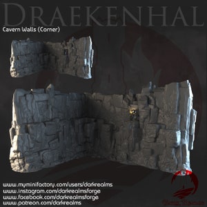 May include: A 3D printed model of a corner section of a cave wall, featuring a rough, textured surface with a small opening. The model is painted in a light grey colour, giving it a realistic stone appearance. The text "DRAEKENHAL Cavern Walls (Corner)" is visible at the top of the image.