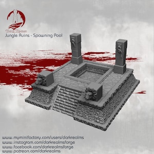 May include: A 3D printed miniature of a jungle ruin spawning pool with stone pillars and a square pool in the center. The pool is surrounded by stone steps and a stone wall. The miniature is gray and has a textured surface. The text "Jungle Ruins - Spawning Pool" is visible on the miniature.