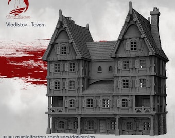 May include: A gray 3D printed model of a two-story building with a gabled roof, multiple windows, and a wooden facade. The building is labeled "Vladistov - Tavern".