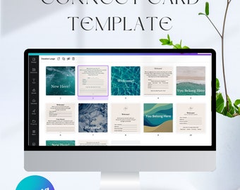 May include: A computer screen displaying a Canva template for church connect cards. The template includes 12 different card designs with various backgrounds and text, including "New Here?", "Welcome!" and "You Belong Here".