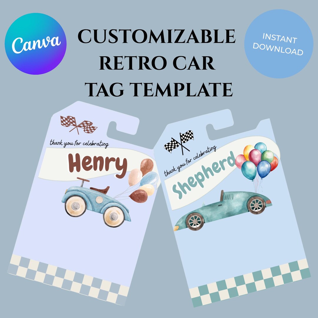 Retro Car Tag Template: Customizable Party Favor| Canva Template ...
