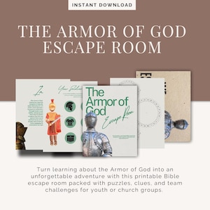 Może przedstawiać: Drukowany pokój ucieczki z Biblii zatytułowany "The Armor of God Escape Room". Projekt zawiera ilustracje zbroi, żołnierza i tekst "Natychmiastowe pobieranie". Produkt przeznaczony jest dla młodzieży lub grup kościelnych.
