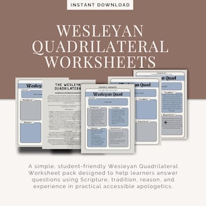 May include: A stack of printable worksheets titled "Wesleyan Quadrilateral Worksheets" with a brown background. The worksheets have a white background with blue boxes and text. The top of the image says "Instant Download".