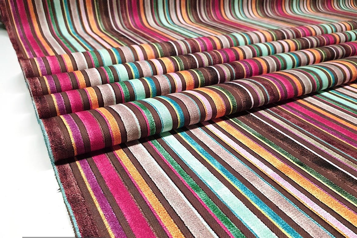 Velvet look Pattern Upholstery Fabric Colorful Striped Etsy