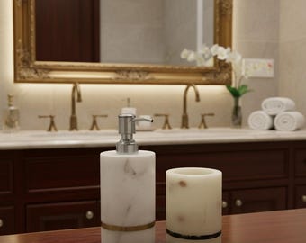 Handmade Marble Bathroom Set – Brass Inlay Soap Dispenser & Brush Holder