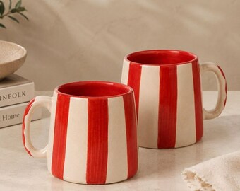 Handcrafted Ceramic Mug Set of 2 | Red & White Striped Coffee Mugs  | Modern Kitchen Gift