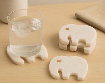 Handmade Marble Elephant Coasters Set | Brass Inlay Decor