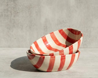 Handcrafted Ceramic Serving Bowl, Red Stripe Modern Kitchenware, Minimalist Tableware