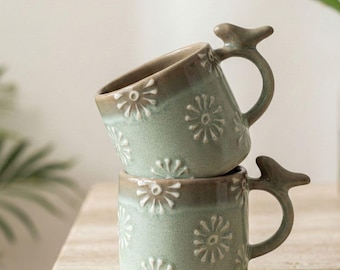 Ceramic Mugs Set of 2 | Sage Green Floral Embossed Bird Handle Coffee Cups