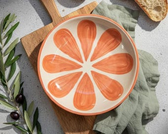 Hand-Painted Orange Floral Ceramic Serving Bowl | Stoneware Pasta Salad Dish