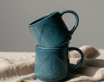 Handmade Blue Ceramic Mugs Set | Embossed Leaf Pattern Stoneware Cups