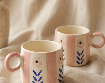 Hand-Painted Ceramic Mug Set | Pink Floral Cottagecore Tea Cups