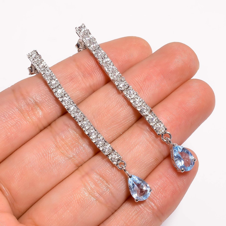 Natural Sky Blue Topaz Cubic Zircon Pear Shape Ethnic Style Handmade Jewellery 925 Sterling Silver Earring