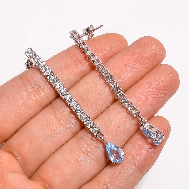 Natural Sky Blue Topaz Cubic Zircon Pear Shape Ethnic Style Handmade Jewellery 925 Sterling Silver Earring
