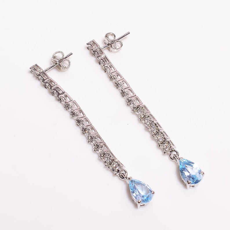 Natural Sky Blue Topaz Cubic Zircon Pear Shape Ethnic Style Handmade Jewellery 925 Sterling Silver Earring
