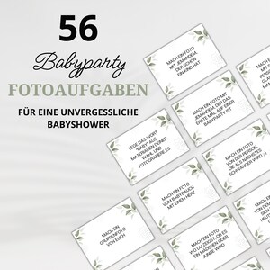 May include: A set of 56 Babyparty photo challenge cards. The cards are white with green leaf accents and German text. The top text reads "56 Babyparty Fotoaufgaben für eine unvergessliche Babyshower."