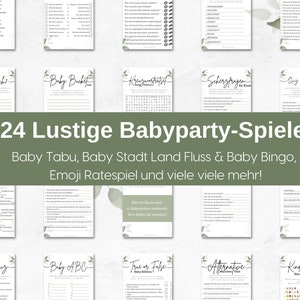 Babypartyspiele Set auf Deutsch 24 Spielideen für die perfekte Babyshower mit Baby Tabu, Baby Stadt Land Fluss, Baby Bingo & Fotoaufgaben