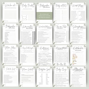 Puede incluir: Un conjunto de 20 tarjetas de juego de baby shower imprimibles con un dise&ntilde;o floral verde. Los juegos incluyen "Baby Bucket", "Babygarden", "Baby ABC", "Werde Mama", "Babysachen", "Wer macht's", "Wer kennt Mama", "True or False Baby Edition", "Scherzfragen", "Mom Jokes", "Quiz Dell Google", "Kinderreime", "Kreuzwortraetsel", "Kinderb&uuml;cher", "Finde den Gast", "Mama Gedecht", "Babytere Spel", "Baby Quiz" y "Alternative Marchen/Film".