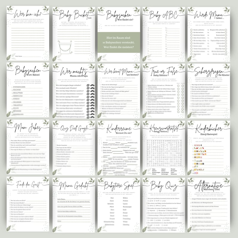 Puede incluir: Un conjunto de 20 tarjetas de juego de baby shower imprimibles con un dise&ntilde;o floral verde. Los juegos incluyen "Baby Bucket", "Babygarden", "Baby ABC", "Werde Mama", "Babysachen", "Wer macht's", "Wer kennt Mama", "True or False Baby Edition", "Scherzfragen", "Mom Jokes", "Quiz Dell Google", "Kinderreime", "Kreuzwortraetsel", "Kinderb&uuml;cher", "Finde den Gast", "Mama Gedecht", "Babytere Spel", "Baby Quiz" y "Alternative Marchen/Film".
