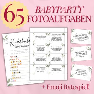 May include: A printable set of 65 baby shower photo challenge cards with a green and white floral design. The cards include instructions for taking photos, such as "Photograph someone pretending to be the father at the birth" and "Take a photo of the oldest friend of the mom". The cards also include a separate sheet with an emoji guessing game.