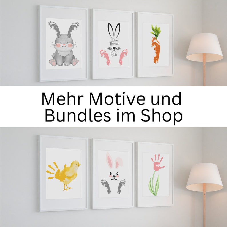 May include: Six framed art prints with white frames. The prints feature watercolor illustrations of a bunny, bunny footprints, a carrot made of footprints, a chick made of handprints, a bunny with handprints, and a flower made of a handprint.