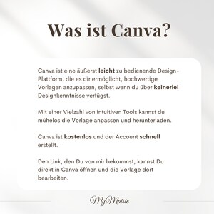 May include: A graphic with the text "Was ist Canva?" in a brown font. The text explains Canva as an easy-to-use design platform for customizing templates, even without design experience. The text also mentions Canva is free and accounts are quickly created.