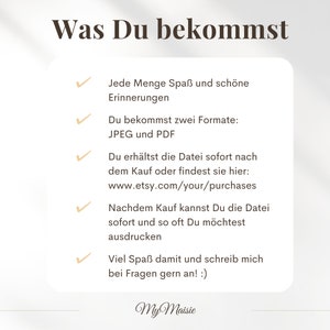 May include: A digital product image with text in German, "Was Du bekommst," meaning "What you get." The text lists benefits like fun, memories, JPEG and PDF formats, and instant access after purchase. The Etsy shop name "My Maisie" is at the bottom.