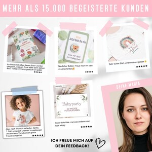 May include: A collage of customer reviews featuring various products. Includes a book, a button, a t-shirt with a rainbow design, and a t-shirt with a unicorn graphic. The text includes phrases like "Babyparty" and "Kindergarten".