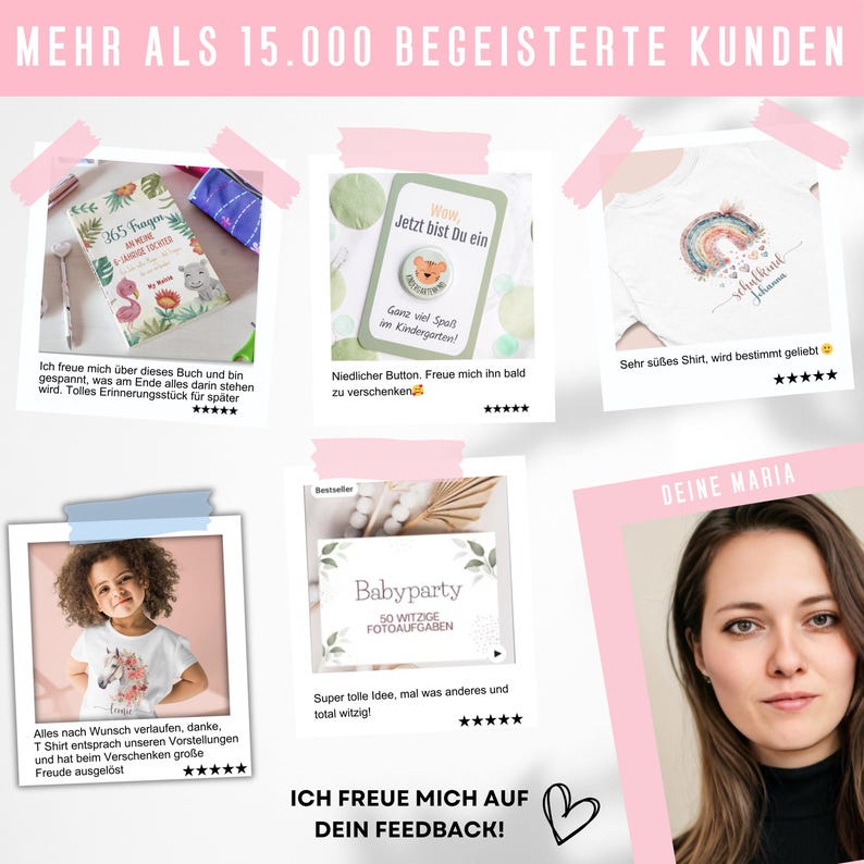May include: A collage of customer reviews featuring various products. Includes a book, a button, a t-shirt with a rainbow design, and a t-shirt with a unicorn graphic. The text includes phrases like "Babyparty" and "Kindergarten".