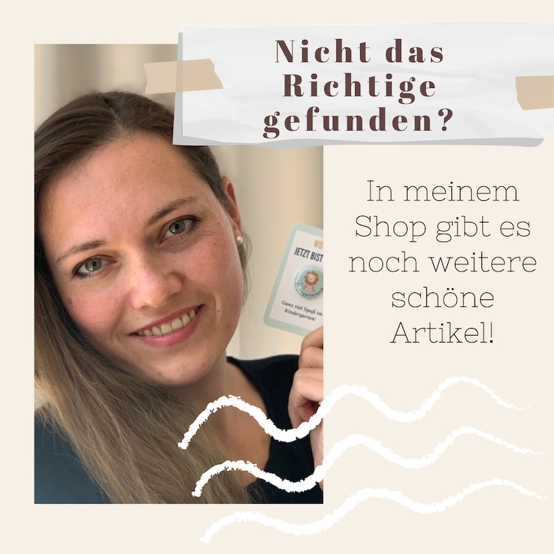May include: A smiling person holds a card with text and a lion graphic. The image includes text in German: "Nicht das Richtige gefunden?" and "In meinem Shop gibt es noch weitere sch&ouml;ne Artikel!"