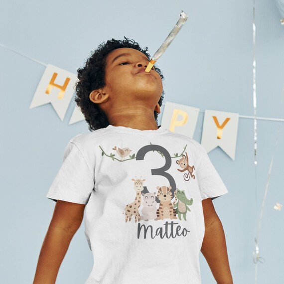 T-Shirt Personalizzata Per Primo Compleanno Bimbo Bimba - 1 Anno Con Leone Giungla Safari E Nome In Stampa