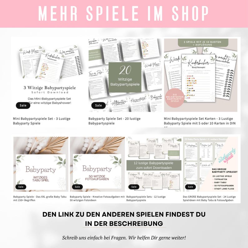 May include: A promotional image showcasing various baby shower games. The image features several cards and sets with titles like "3 Witzige Babypartyspiele" and "Babyparty Spiele". Text includes "Sale" and "Download".