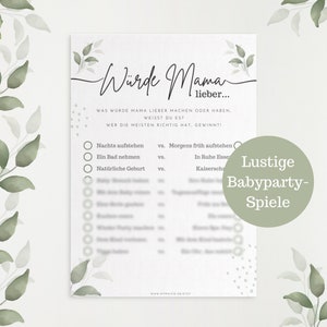 Babypartyspiel auf Deutsch "Würde Mama lieber" zum Ausdrucken  - Lustige Babyparty Spiele für die perfekte Babyshower - Vorlage zum Download