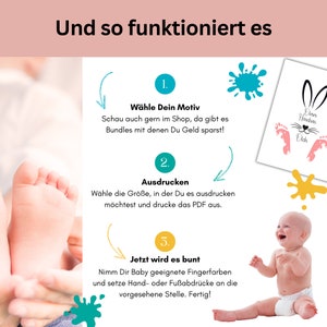 May include: Image showing instructions for creating baby footprints. The steps include choosing a design, printing it, and adding colorful hand or footprints. A baby is shown smiling and wearing a diaper.