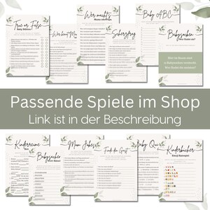 May include: A collection of baby shower game cards with green leaf accents. The cards feature various games like "True or False," "Baby ABC," and "Mom Jokes." The text "Passende Spiele im Shop" and "Link ist in der Beschreibung" are also visible.