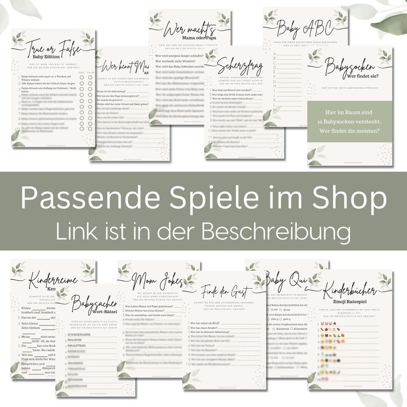 May include: A collection of baby shower game cards with green leaf accents. The cards feature various games like "True or False," "Baby ABC," and "Mom Jokes." The text "Passende Spiele im Shop" and "Link ist in der Beschreibung" are also visible.