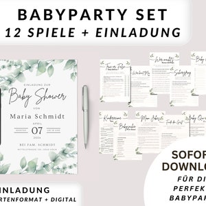Babyparty Set mit Einladung und Babyshower Spiele Set Deutsch Digitale Einladung Babyparty Geschenk Idee Babyshower Einladung Babypartyspiel