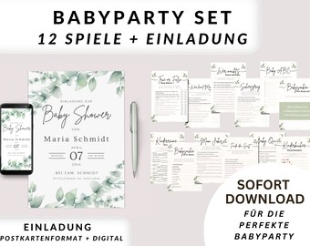 May include: A baby shower party set with invitation and 12 games. The invitation features a floral design with the text "Baby Shower" and event details. The set includes printable games and a digital invitation.