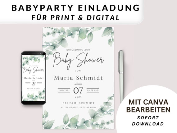 Babyparty Einladung Deutsch Digitale Einladung Babyparty Geschenk Idee Babyshower Einladung Digital und Postkarte selber bearbeiten in Canva