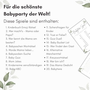 Puede incluir: Una lista imprimible de 20 juegos para una fiesta de bienvenida al beb&eacute;, que incluyen "Lista de deseos del beb&eacute;", "Verdadero o falso" y "Cuestionario del beb&eacute;". La lista est&aacute; escrita en alem&aacute;n y presenta un dise&ntilde;o floral verde y blanco.