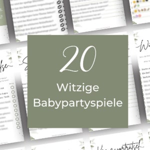 Puede incluir: Un collage de juegos de baby shower imprimibles con un esquema de color verde y blanco. Los juegos incluyen "&iquest;Qui&eacute;n conoce a mam&aacute; o pap&aacute;?", "T&iacute;tulo alternativo de cuento de hadas", "Crucigrama edici&oacute;n beb&eacute;" y "Tre Spiel".