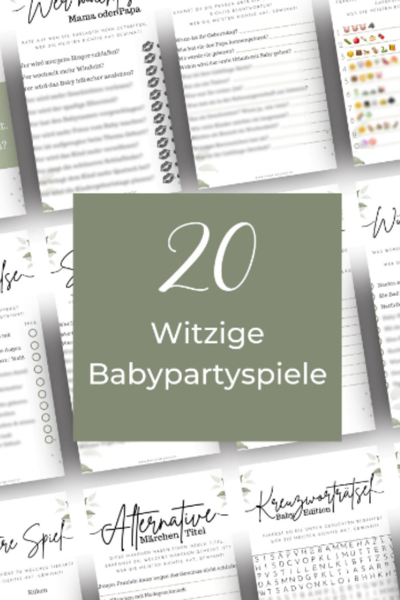 Puede incluir: Un collage de juegos de baby shower imprimibles con un esquema de color verde y blanco. Los juegos incluyen "&iquest;Qui&eacute;n conoce a mam&aacute; o pap&aacute;?", "T&iacute;tulo alternativo de cuento de hadas", "Crucigrama edici&oacute;n beb&eacute;" y "Tre Spiel".