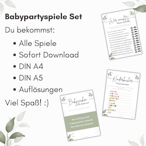 Puede incluir: Un conjunto de juegos imprimibles para baby shower en alem&aacute;n. Los juegos incluyen "Wer macht's Mama oder Papa?" (&iquest;Qui&eacute;n lo hace, mam&aacute; o pap&aacute;?), "Kinderb&uuml;cher Emoji Ratespiel" (Juego de adivinanzas de emoji de libros infantiles) y "Babysocken Wer findet sie?" (Calcetines de beb&eacute; &iquest;Qui&eacute;n los encuentra?).