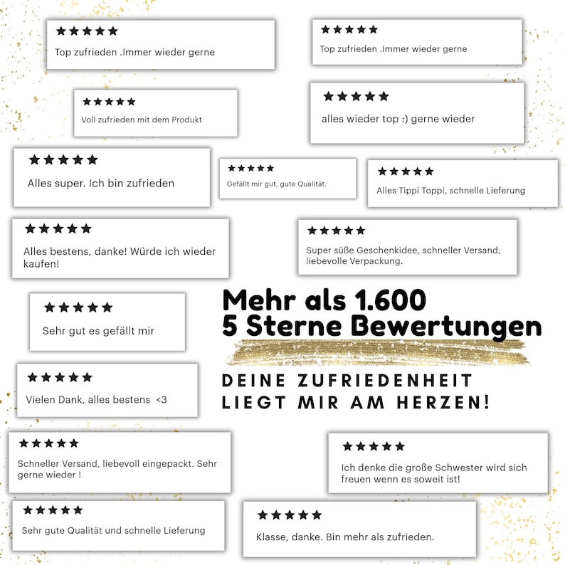 May include: A collage of customer reviews with five-star ratings. The reviews are in German and express satisfaction with the products and services. The text includes phrases like "Alles super" and "Sehr gut es gef&auml;llt mir."